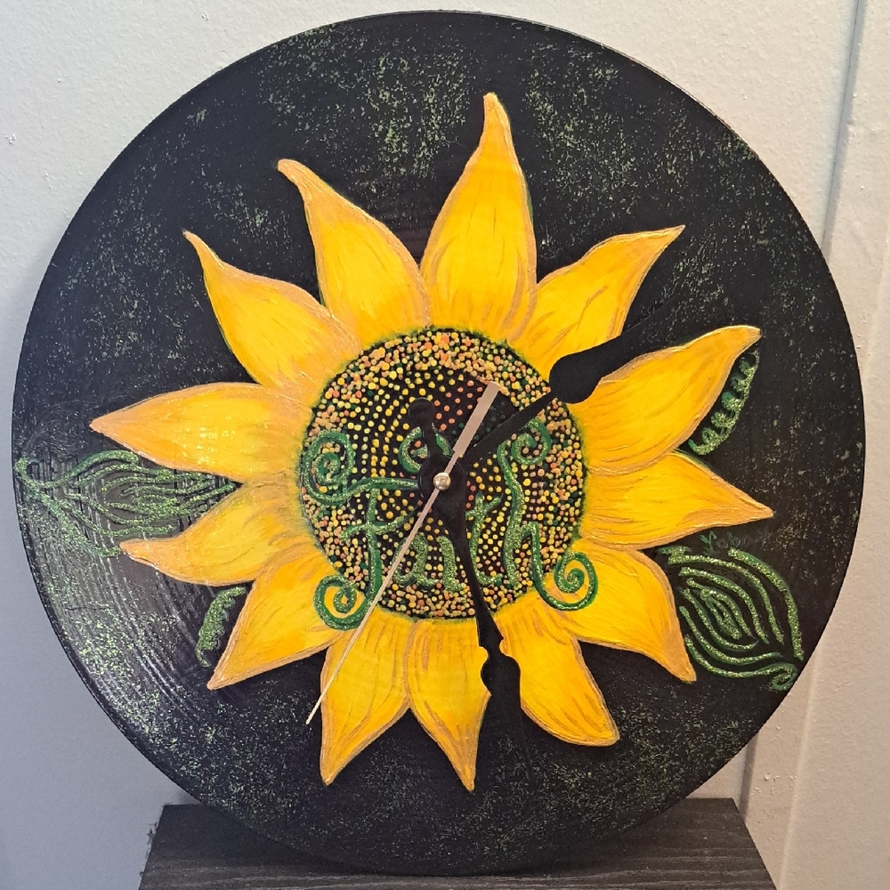 Hand Crafted Abstract Floral Bloom Wall Clock Sunflower Faith